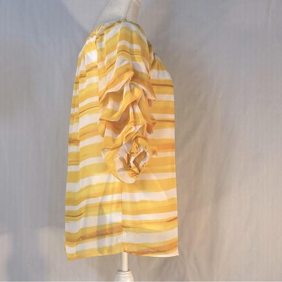 Coco Bianco Top Yellow Strip Round Neck Gathered 3/4 Sleeves Relaxed Fit M - Picture 3 of 8